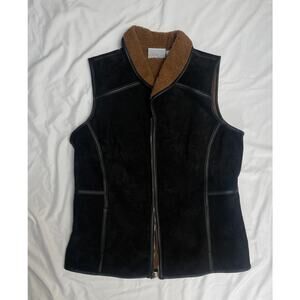 Denim and Co Black Suede Leather Vest, Brown Fleece Lined, Full Zip, Medium